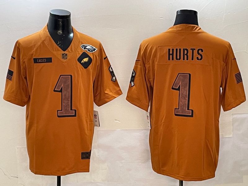 Men Philadelphia Eagles #1 Hurts Yellow Nike 2025 Salute to Service Limited NFL Jersey style 5
